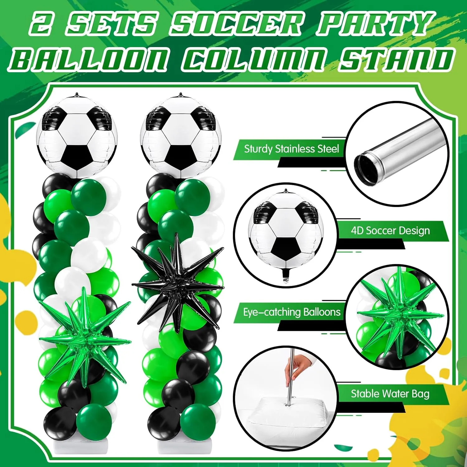 Kasyat 2 Sets Soccer Balloon Column Stand Kit with 4D Soccer, Green Black Star Foil and 100 Latex Balloons, Green White Black Arch Kit for Floor for Football Sports Party Decorations