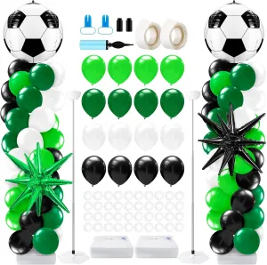 Kasyat 2 Sets Soccer Balloon Column Stand Kit with 4D Soccer, Green Black Star Foil and 100 Latex Balloons, Green White Black Arch Kit for Floor for Football Sports Party Decorations