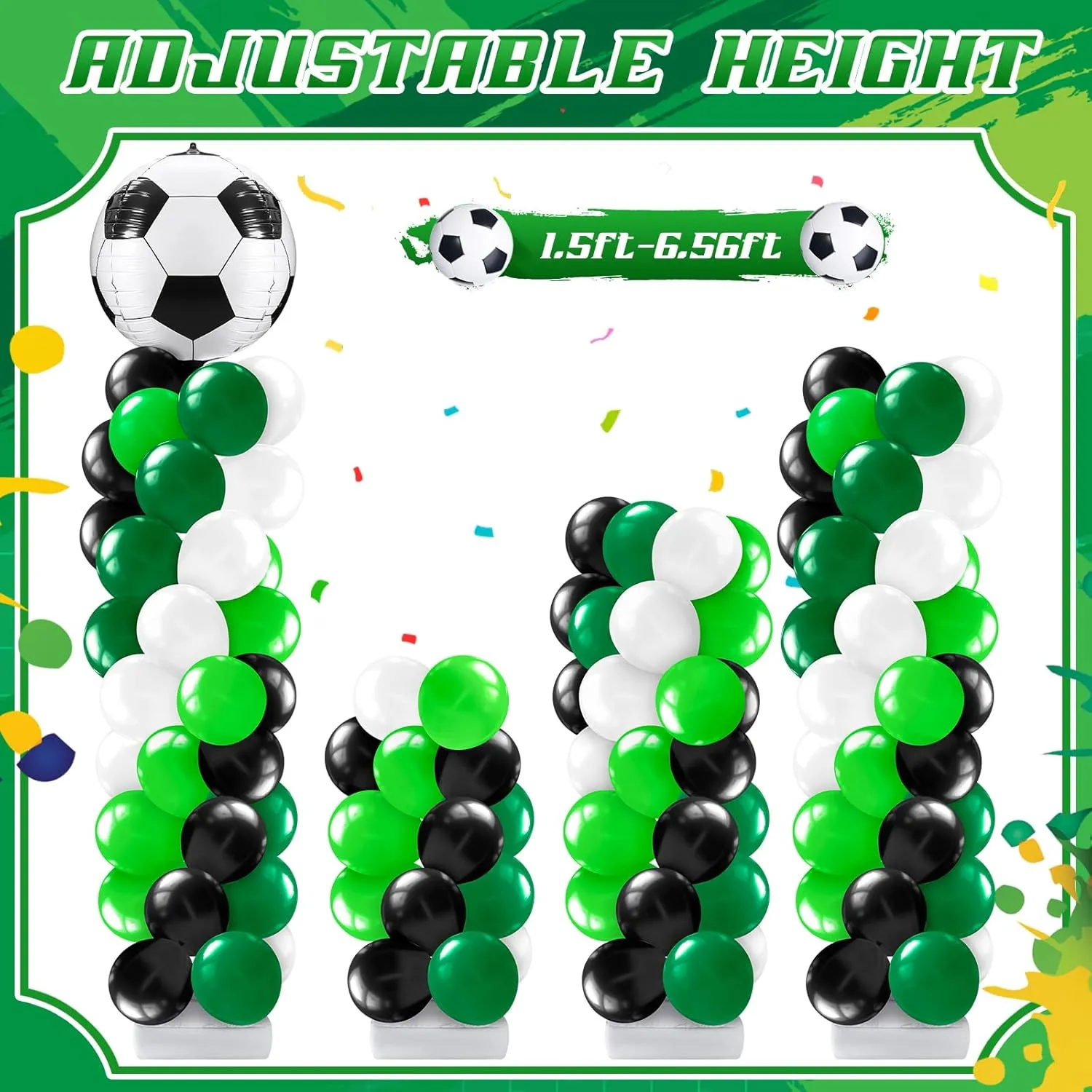 Kasyat 2 Sets Soccer Balloon Column Stand Kit with 4D Soccer, Green Black Star Foil and 100 Latex Balloons, Green White Black Arch Kit for Floor for Football Sports Party Decorations
