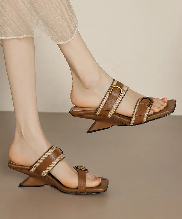 Khaki Wedge Boutique Hollow Out Slide Sandals Peep Toe