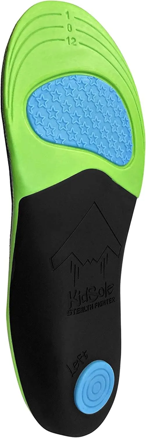 KidSole Stealth Fighter: High Arch Support Insole. Slim Profile, Strong Arch, Soft Memory Foam Top & Lightweight Design. Inward/Falling Ankle Correction ((18 CM US Little Kid's Size 9-11))