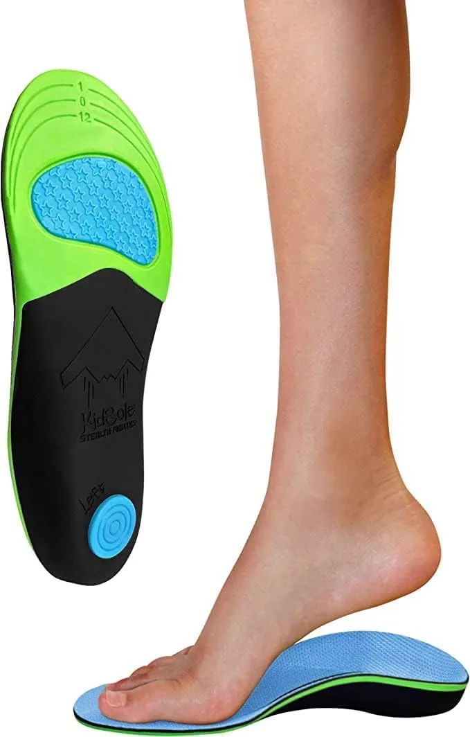 KidSole Stealth Fighter: High Arch Support Insole. Slim Profile, Strong Arch, Soft Memory Foam Top & Lightweight Design. Inward/Falling Ankle Correction ((18 CM US Little Kid's Size 9-11))