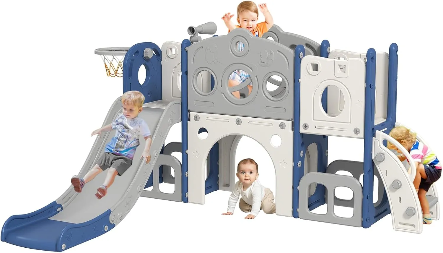 Kinfant 8 in 1 Toddler Slide for Toddlers for Toddlers Age 1-3, Toddler Outdoor Playground, Kids Slide with Basketball Hoop, Telescope and Storage, Baby Indoor Outdoor Climber Playset(White & Blue)