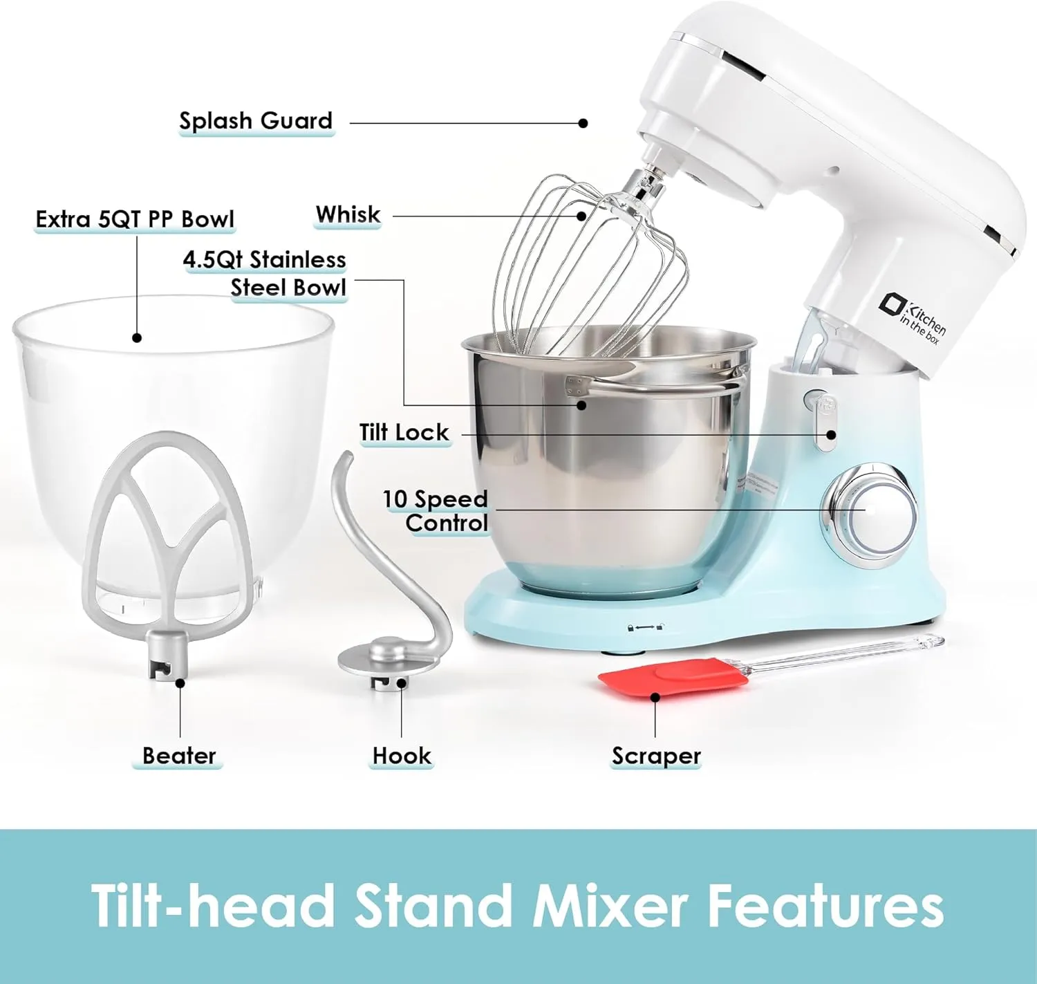 Kitchen in the box Stand Mixer, 5QT   4.5QT Two bowls Electric Food Mixer, 10 Speeds Kitchen Mixer for Daily Use with Egg Whisk,Dough Hook,Flat Beater (Gradient Blue, 5QT)