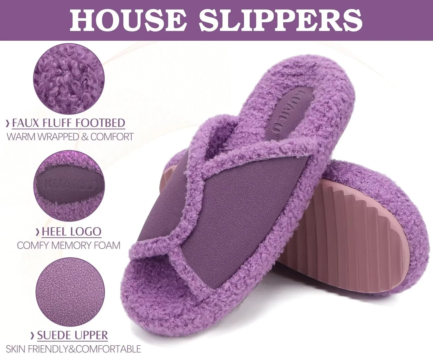 KUAILU Women Cozy Slippers Comfortable Suede Faux Fluff Warm Sherpa Lining House slippers for ladies Bedroom Memory Foam Cushioned Orthotic Open Toe Slides Thick Hard Sole Indoor&Outdoor (US Size 5-11)
