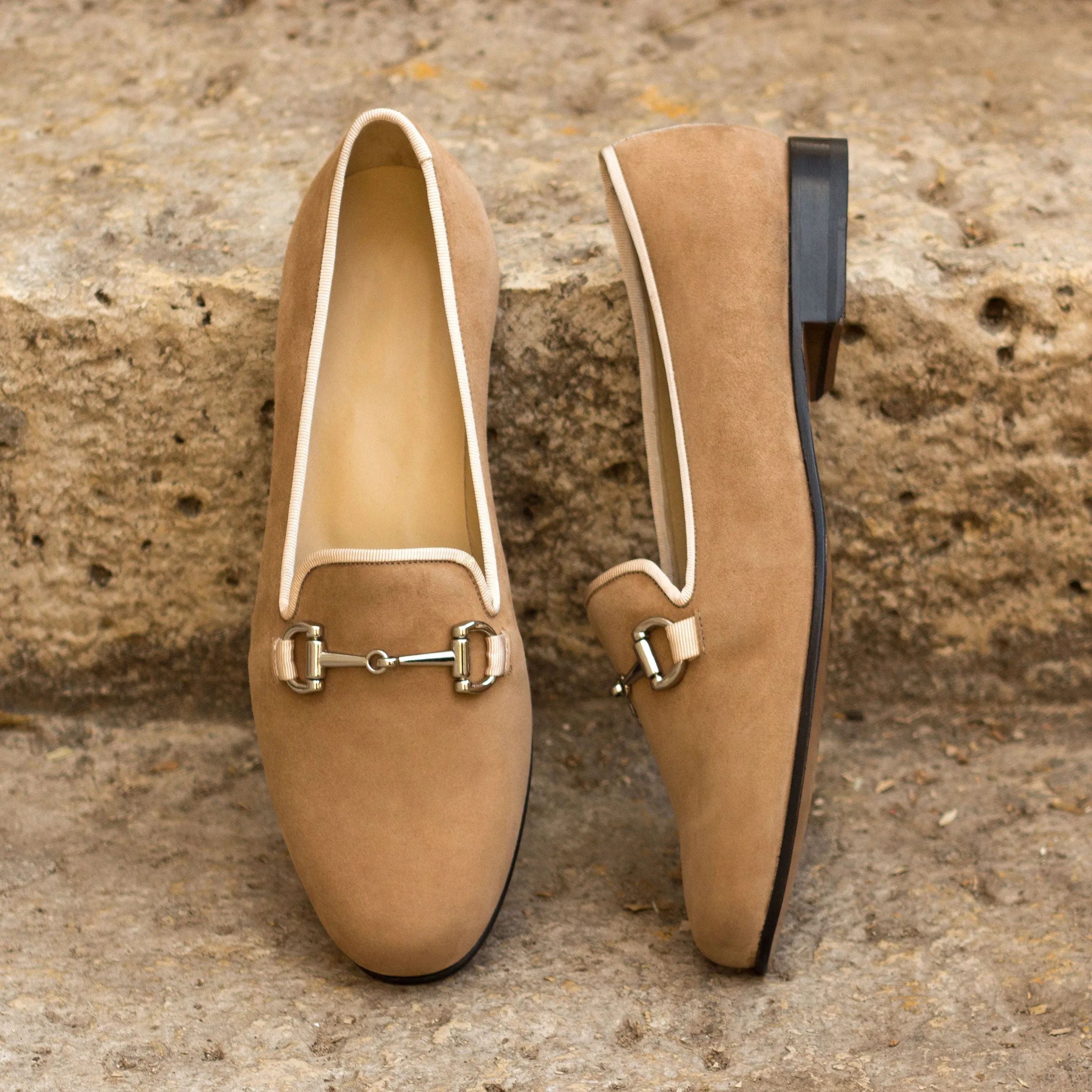 Ladies Rosa Slip On in Camel Suede Calf Leather detailed with Nickel Metal Bit