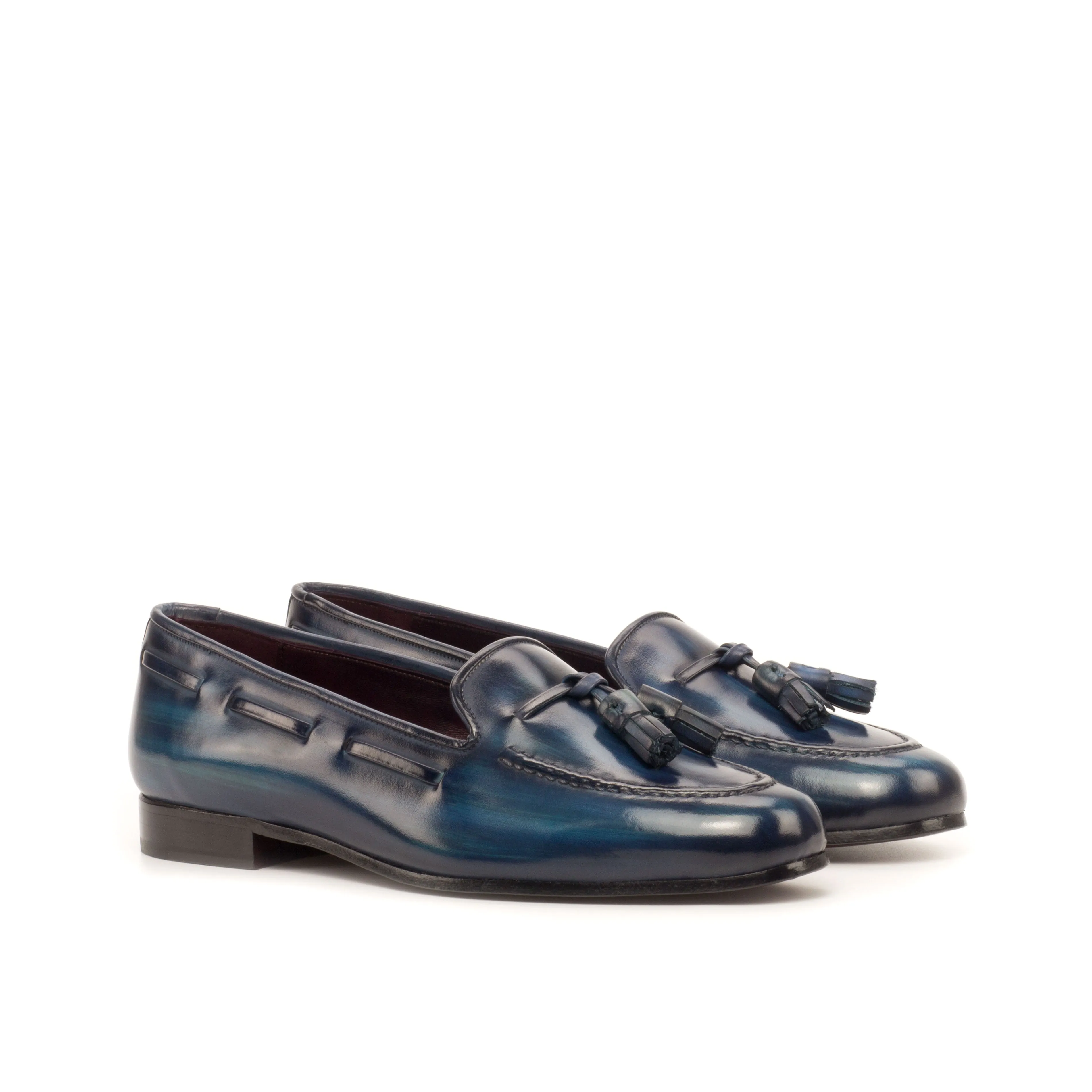 Ladies Rosa Slip On in Hand Painted Denim Patina Calf Leather detailed with Denim Patina Tassels
