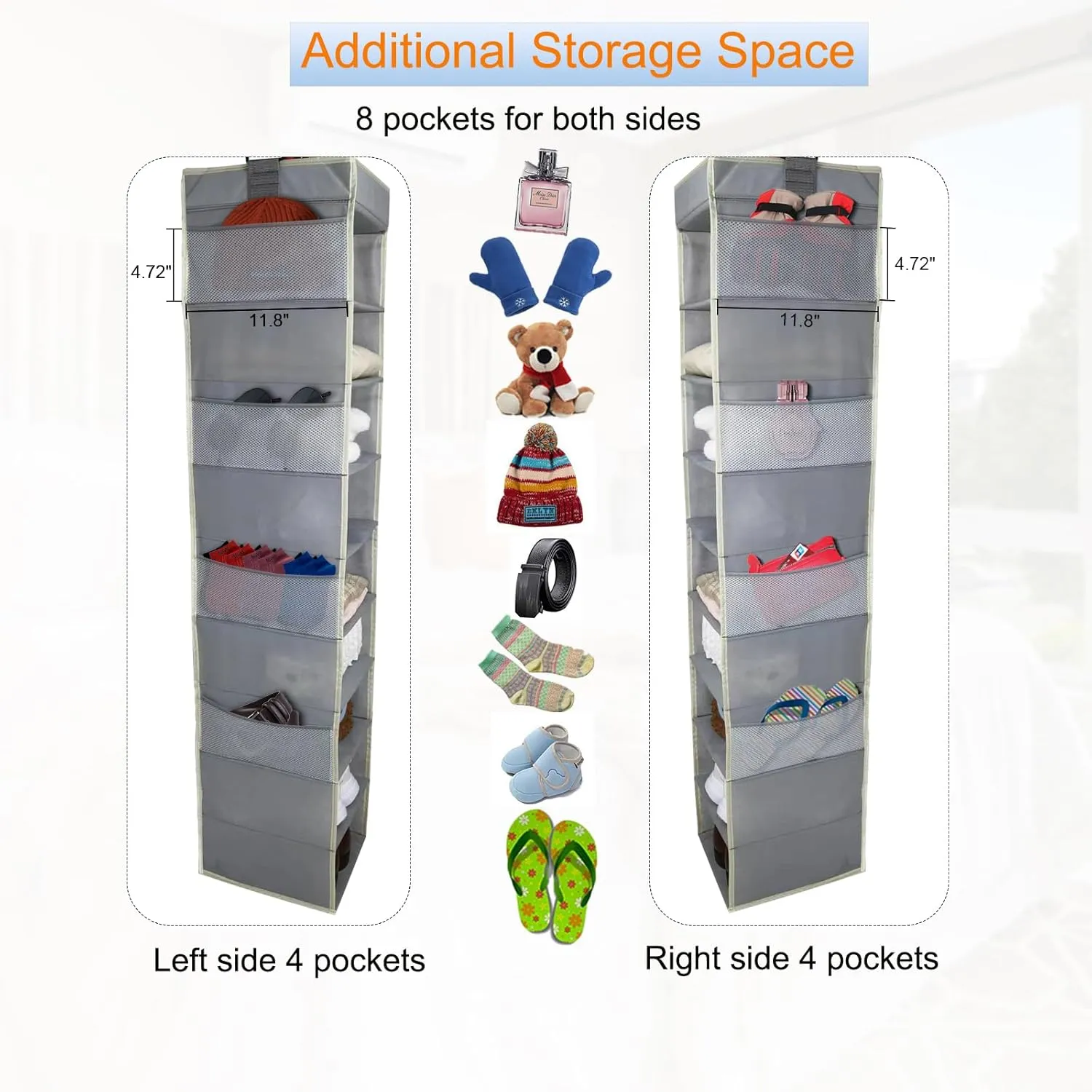 Large-Sized Hanging Shoe Organizer 10-Shelf, Sturdy Hanging Closet Organizer with 8 Side Pockets, Wider Hanging Shelves for Storage Shoes Clothes Jeans Shirts Toys, Grey