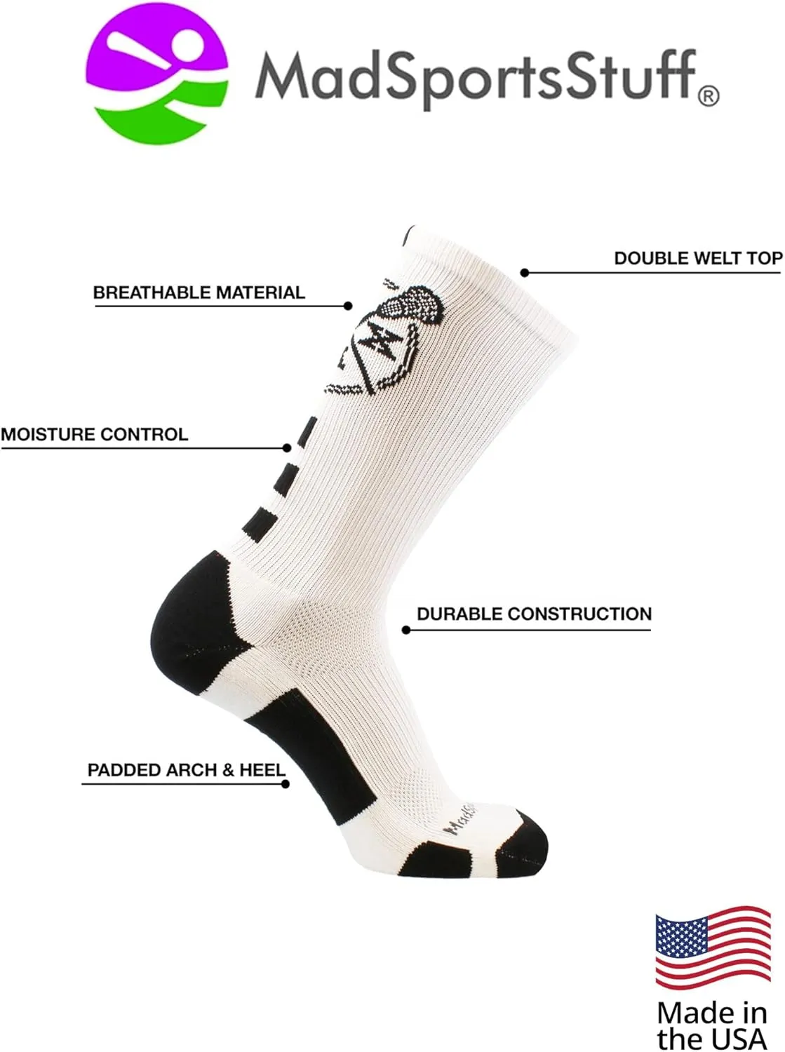 MadSportsStuff LAX Lacrosse Crew Socks with Lacrosse Sticks for Boys Girls Men Women Youth Adult