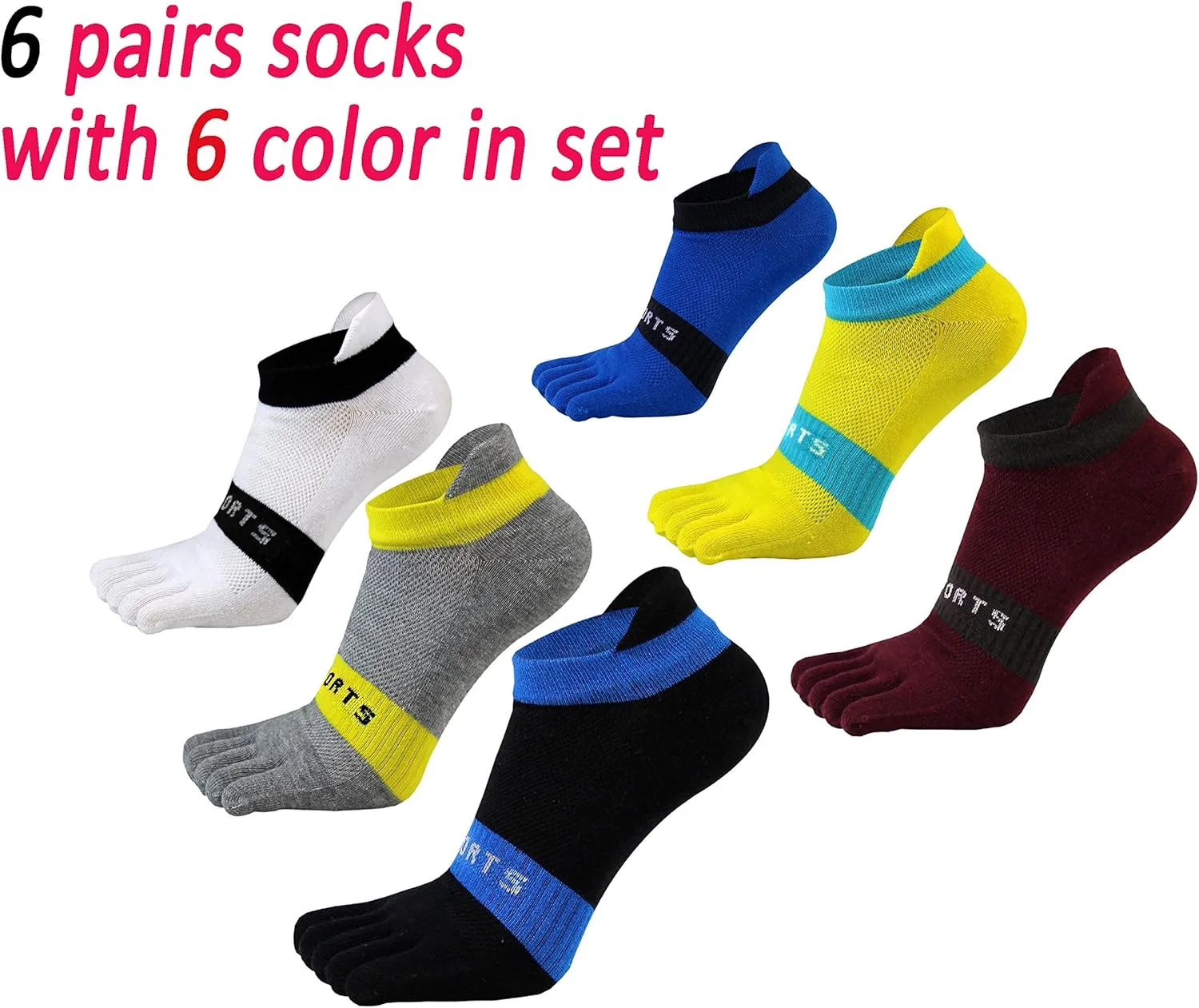 Men Toe Socks No Show Low Cut Athletic Wicking Cotton 5 Finger Split Toe 6 Pack