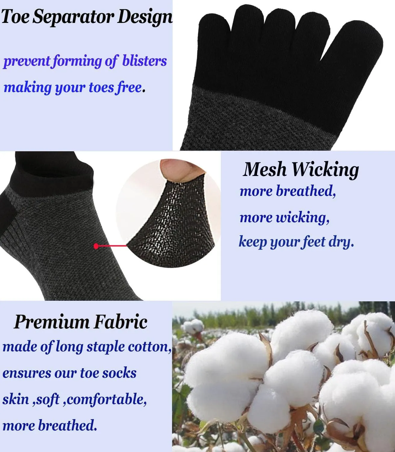 Men Toe Socks No Show Low Cut Athletic Wicking Cotton 5 Finger Split Toe 6 Pack