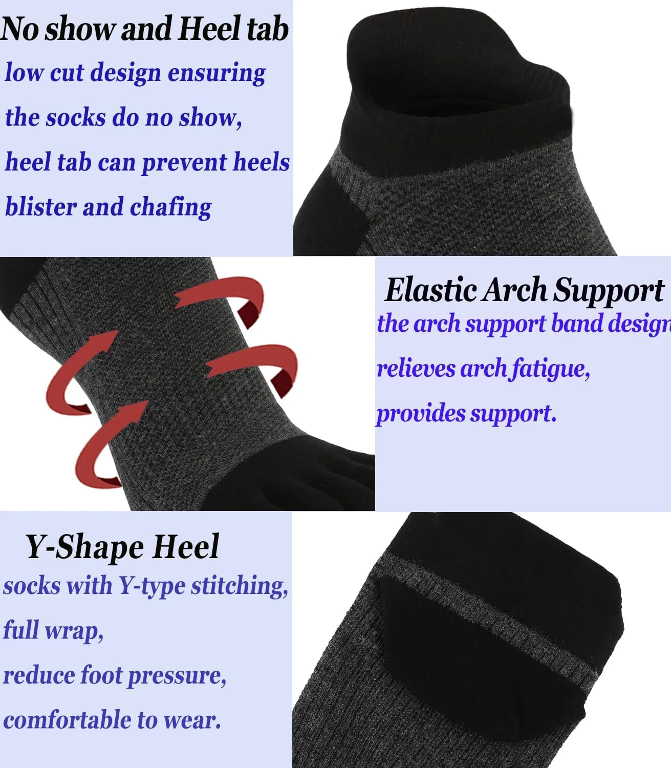 Men Toe Socks No Show Low Cut Athletic Wicking Cotton 5 Finger Split Toe 6 Pack