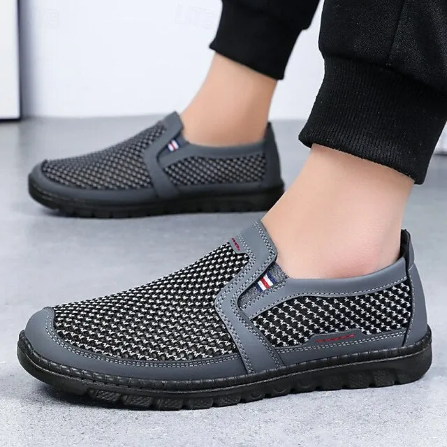 Men's Breathable PU Leather Slip-On Loafers - Comfortable & Slip-Resistant in Black/Gray