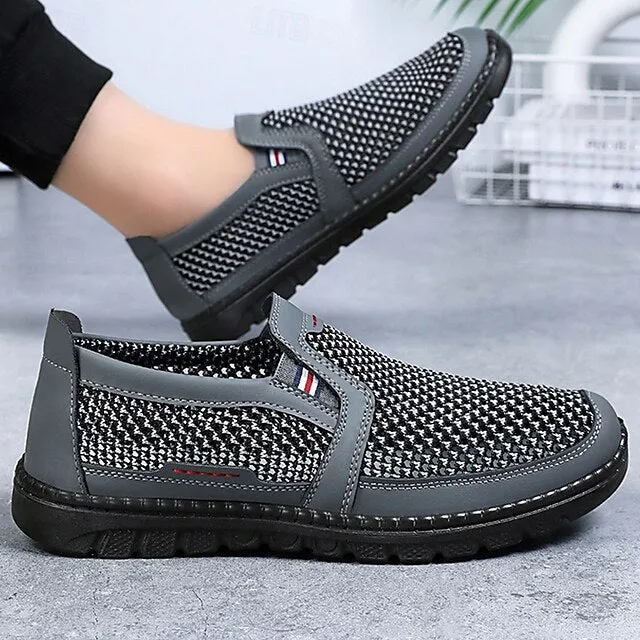 Men's Breathable PU Leather Slip-On Loafers - Comfortable & Slip-Resistant in Black/Gray