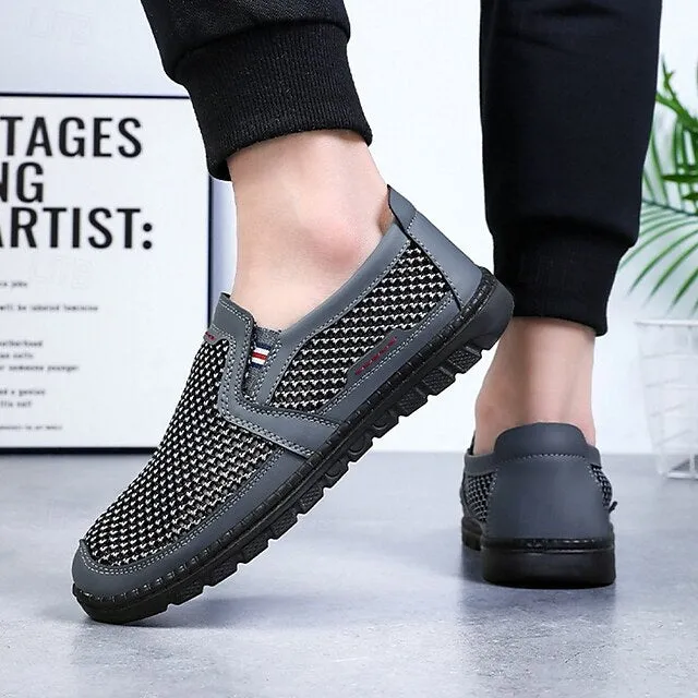 Men's Breathable PU Leather Slip-On Loafers - Comfortable & Slip-Resistant in Black/Gray