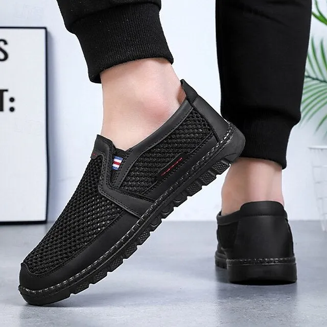Men's Breathable PU Leather Slip-On Loafers - Comfortable & Slip-Resistant in Black/Gray
