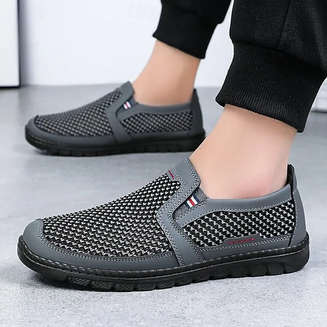 Men's Breathable PU Leather Slip-On Loafers - Comfortable & Slip-Resistant in Black/Gray