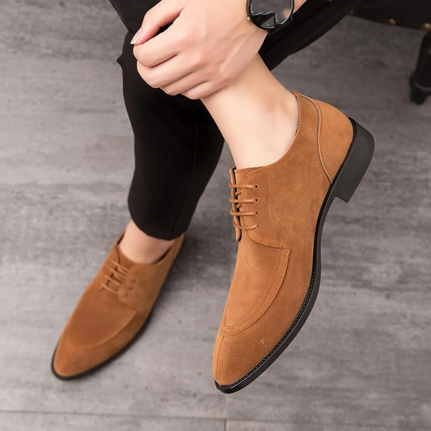 Mens Retro Suede Leather Lace Up Dress Oxfords Shoes Classic Slip On Low Top Pointed Toe Non-Slip Flats Derby Shoes for Formal Business Wedding
