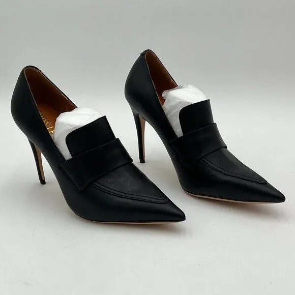 miss left Black High Heel Loafer Pumps with Trim Pointed Toe Slip On Dress Shoes