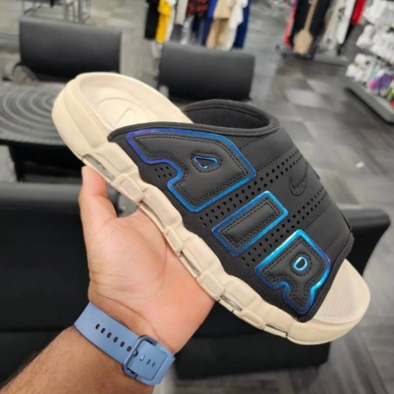 Nike Air More Uptempo Slide Black Sanddrift Iridescent