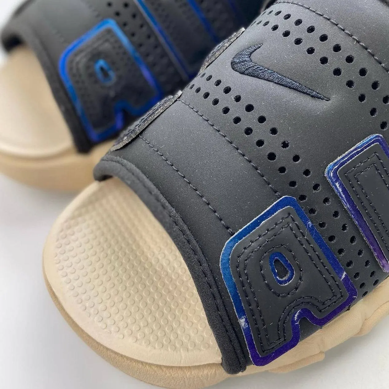 Nike Air More Uptempo Slide Black Sanddrift Iridescent