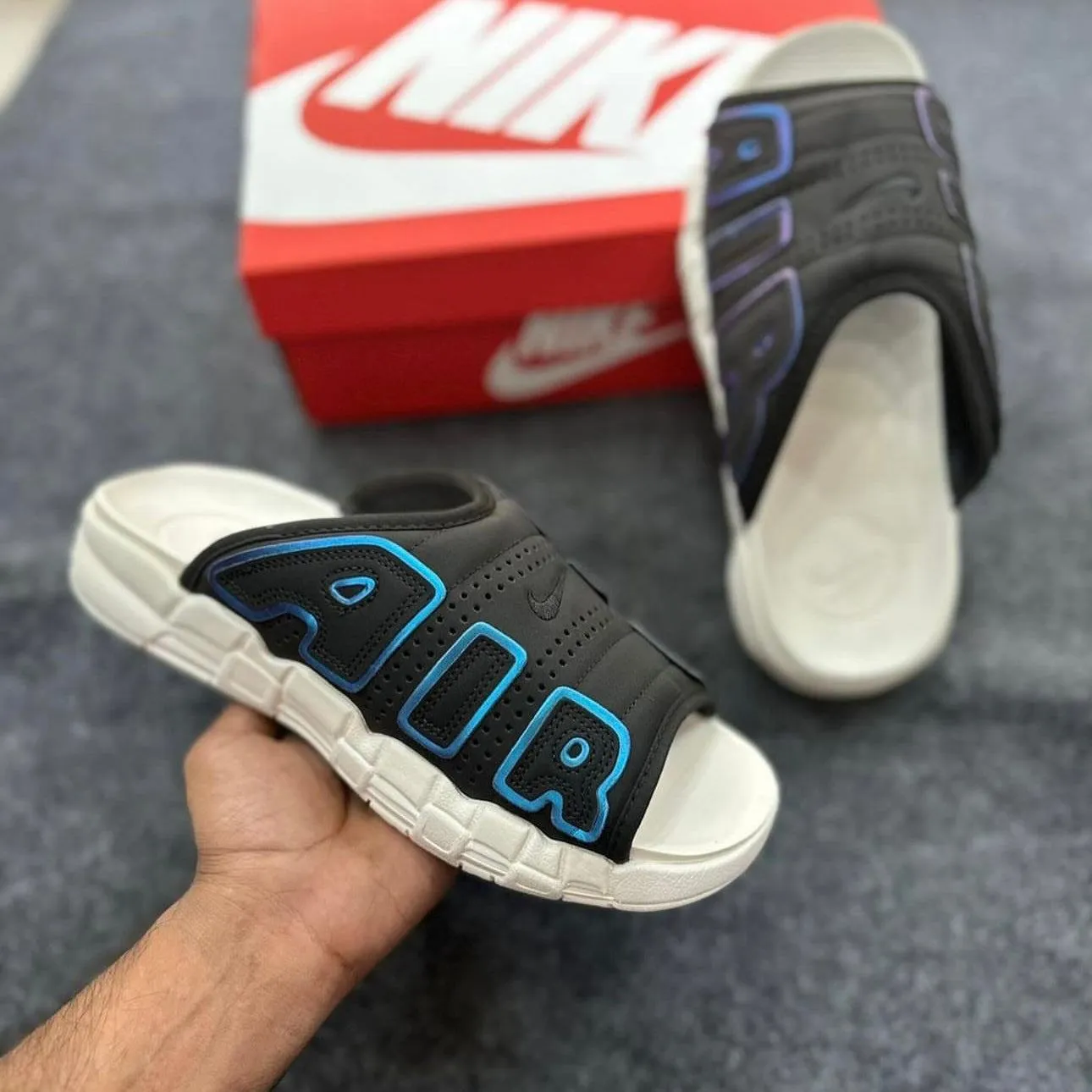 Nike Air More Uptempo Slide Black Sanddrift Iridescent