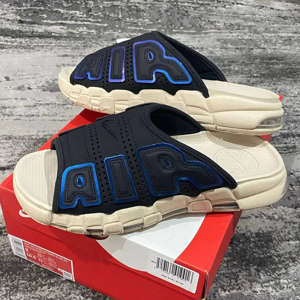 Nike Air More Uptempo Slide Black Sanddrift Iridescent