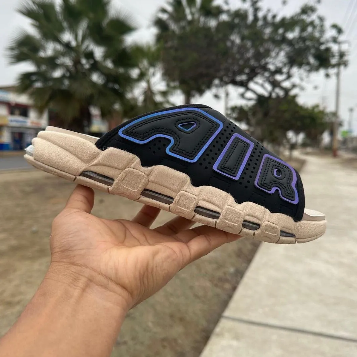 Nike Air More Uptempo Slide Black Sanddrift Iridescent