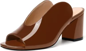 NUMALEO Womens Evening Patent Casual Slip On Round Toe Chunky Mid Heel Sandals 2.5 Inch