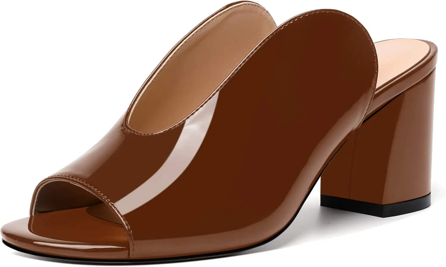 NUMALEO Womens Evening Patent Casual Slip On Round Toe Chunky Mid Heel Sandals 2.5 Inch