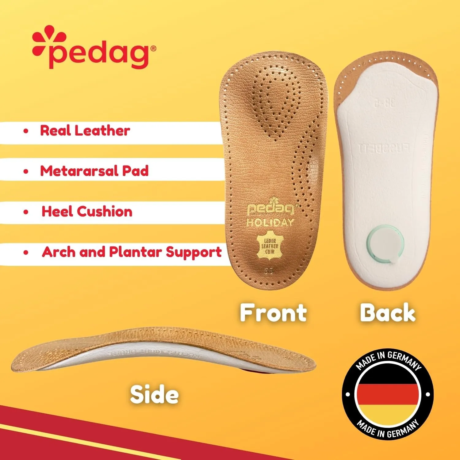 Pedag Holiday | 3/4 Length Sheepskin Orthotic Inserts | Handmade in Germany | Arch Support | Metatarsal Pad | Heel Cushion | Fits Low Profile Tight Shoes | Tan | 1 Pair | US Women 10 / EU 40 US Men 7