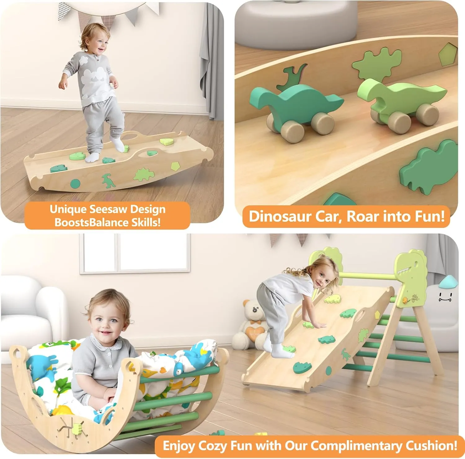 Pikler Triangle Set with Cushion 9 in 1 Climbing Toys for Toddlers 1-3 Indoor Baby Climbing Gym Toddler Montessori Toys Wooden Toy with Maze Toy, Shape Sorter, Dinosaur Car
