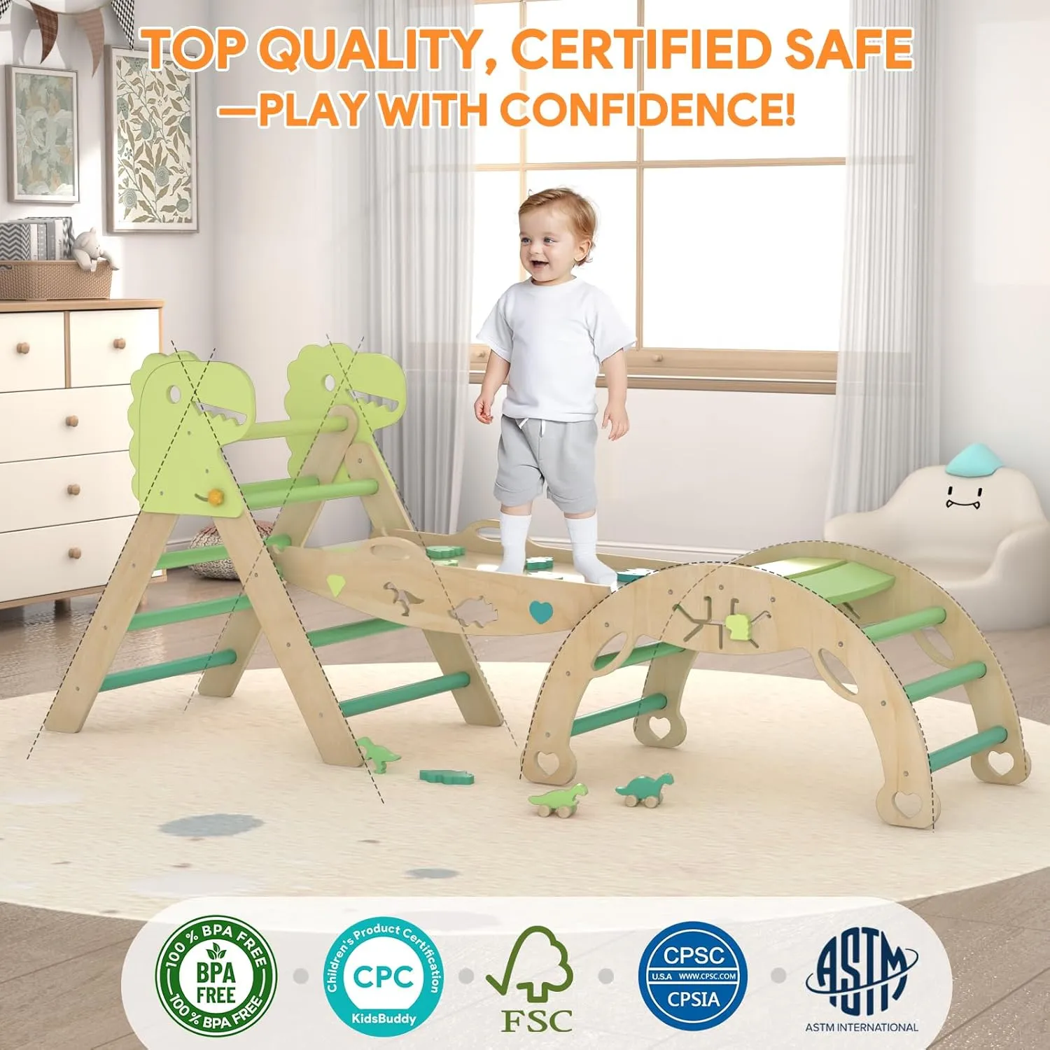 Pikler Triangle Set with Cushion 9 in 1 Climbing Toys for Toddlers 1-3 Indoor Baby Climbing Gym Toddler Montessori Toys Wooden Toy with Maze Toy, Shape Sorter, Dinosaur Car
