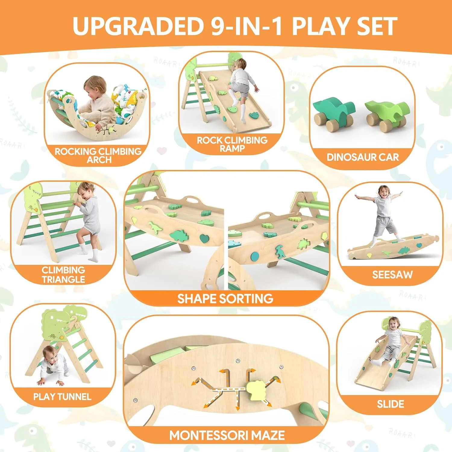 Pikler Triangle Set with Cushion 9 in 1 Climbing Toys for Toddlers 1-3 Indoor Baby Climbing Gym Toddler Montessori Toys Wooden Toy with Maze Toy, Shape Sorter, Dinosaur Car