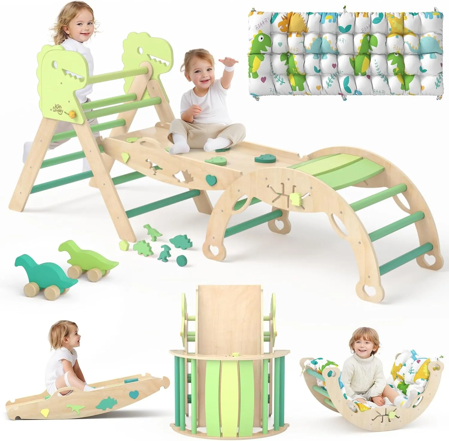 Pikler Triangle Set with Cushion 9 in 1 Climbing Toys for Toddlers 1-3 Indoor Baby Climbing Gym Toddler Montessori Toys Wooden Toy with Maze Toy, Shape Sorter, Dinosaur Car