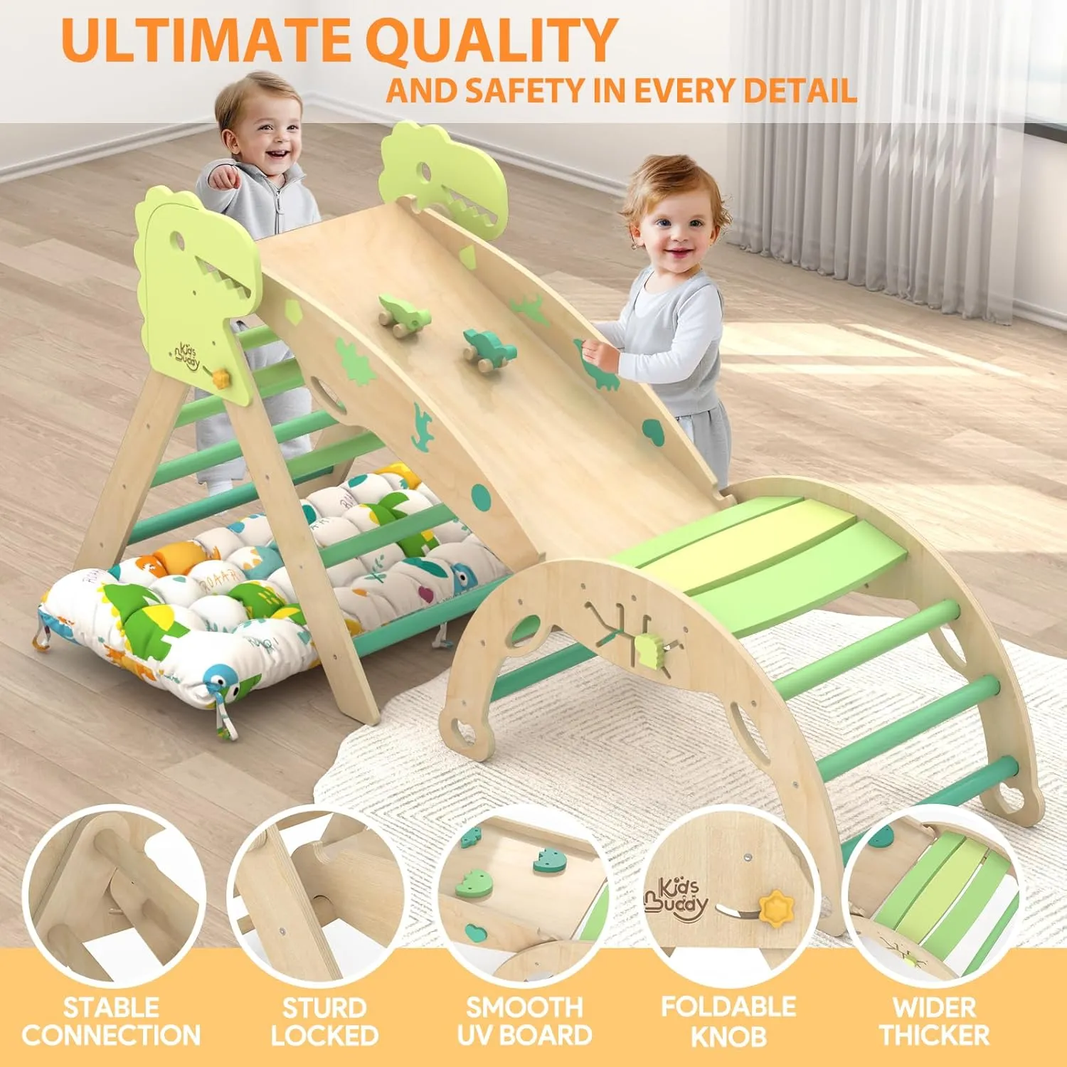 Pikler Triangle Set with Cushion 9 in 1 Climbing Toys for Toddlers 1-3 Indoor Baby Climbing Gym Toddler Montessori Toys Wooden Toy with Maze Toy, Shape Sorter, Dinosaur Car