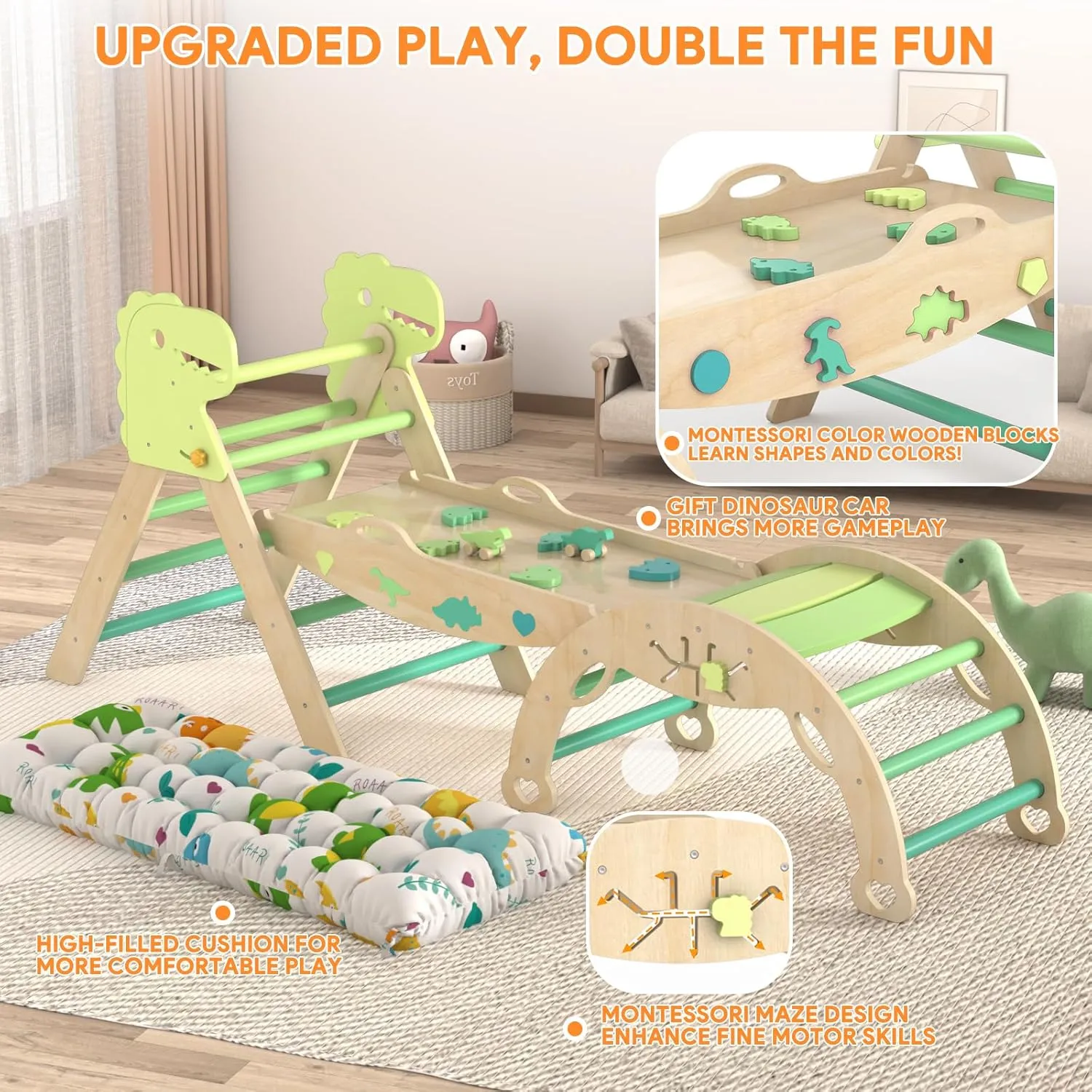 Pikler Triangle Set with Cushion 9 in 1 Climbing Toys for Toddlers 1-3 Indoor Baby Climbing Gym Toddler Montessori Toys Wooden Toy with Maze Toy, Shape Sorter, Dinosaur Car
