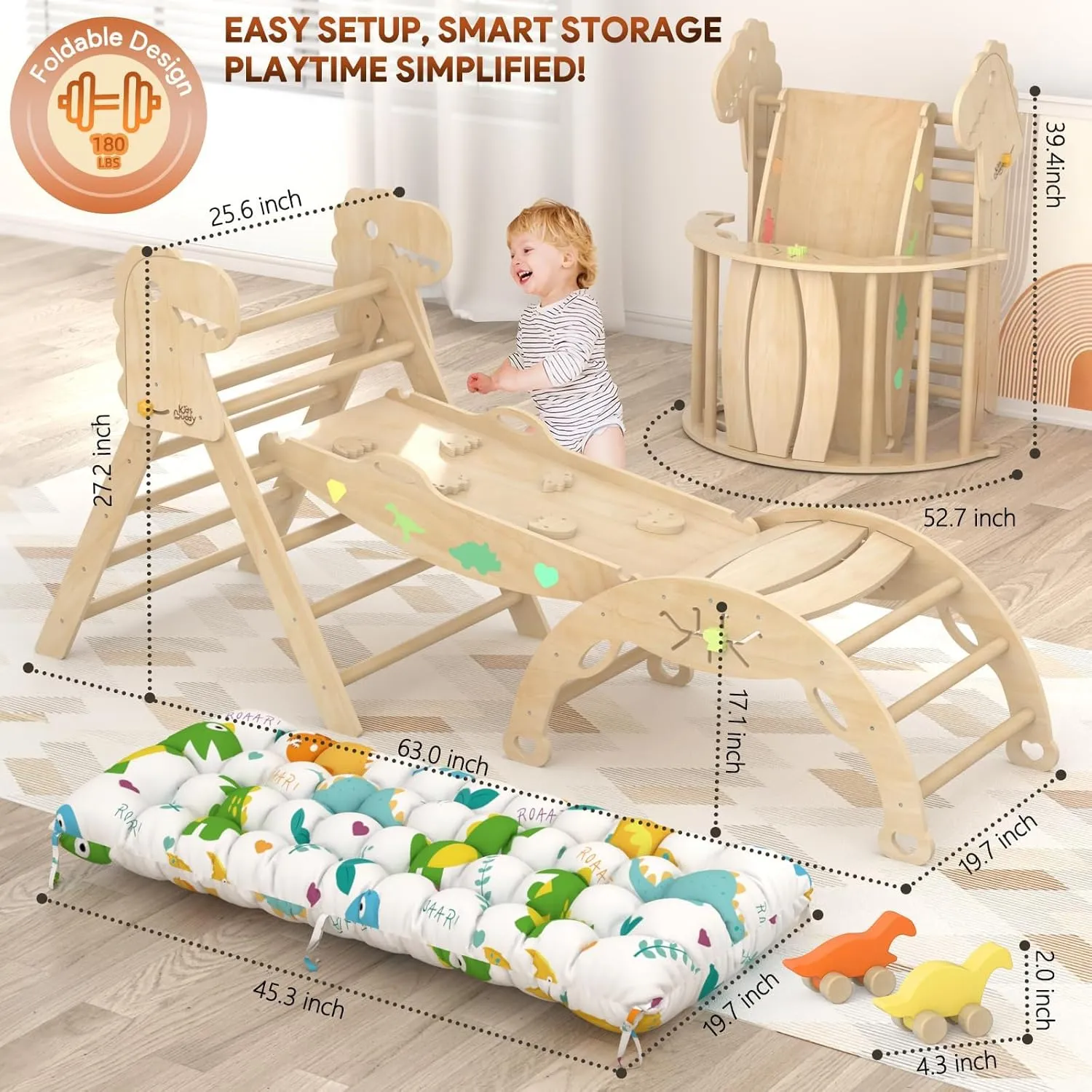 Pikler Triangle Set with Cushion 9 in 1 Climbing Toys for Toddlers 1-7 Indoor Baby Climbing Gym Toddler Montessori Toys Wooden Climbing Toys with Maze Toys, Shape Sorting Toys, Dinosaur Car