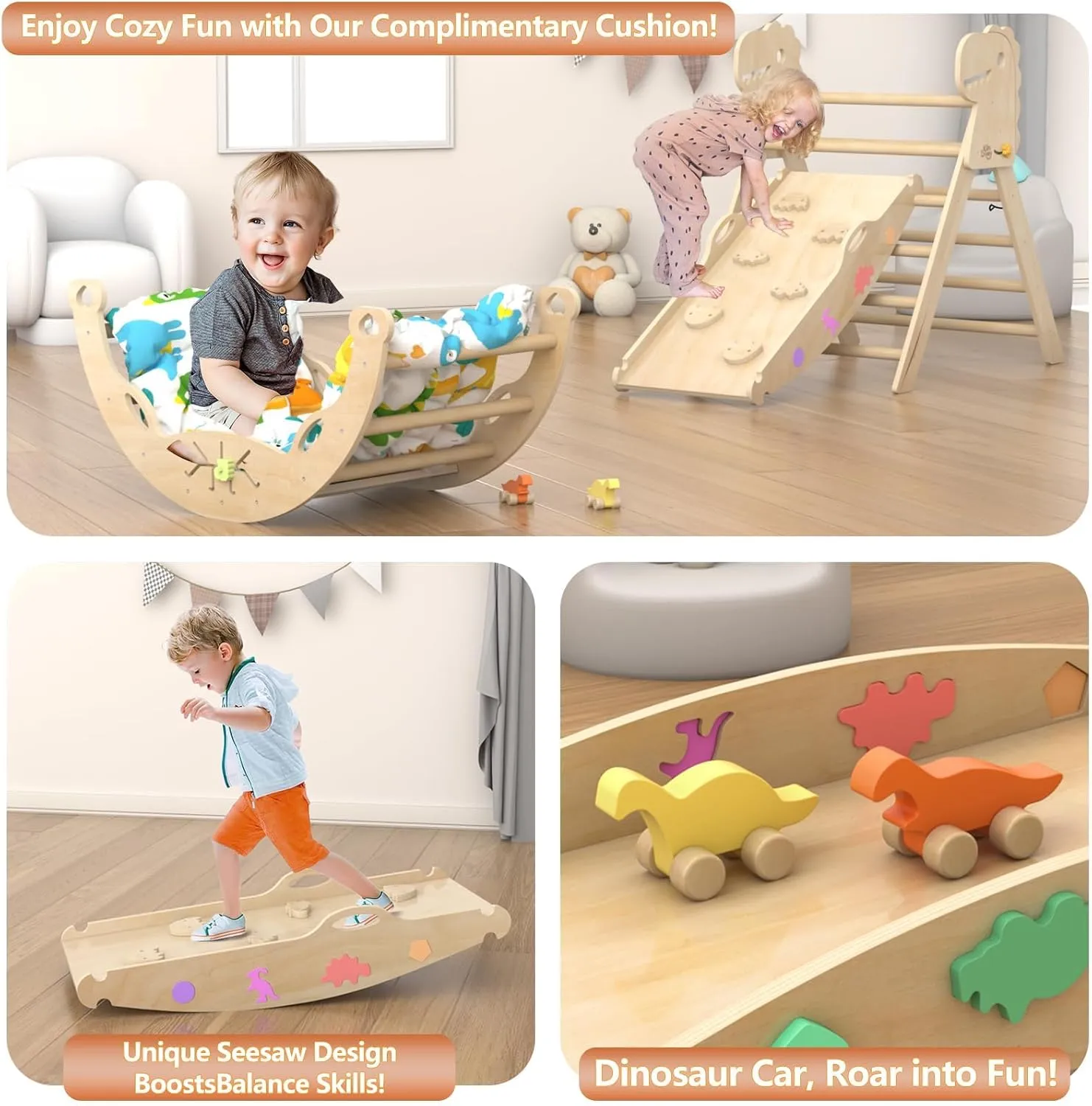 Pikler Triangle Set with Cushion 9 in 1 Climbing Toys for Toddlers 1-7 Indoor Baby Climbing Gym Toddler Montessori Toys Wooden Climbing Toys with Maze Toys, Shape Sorting Toys, Dinosaur Car