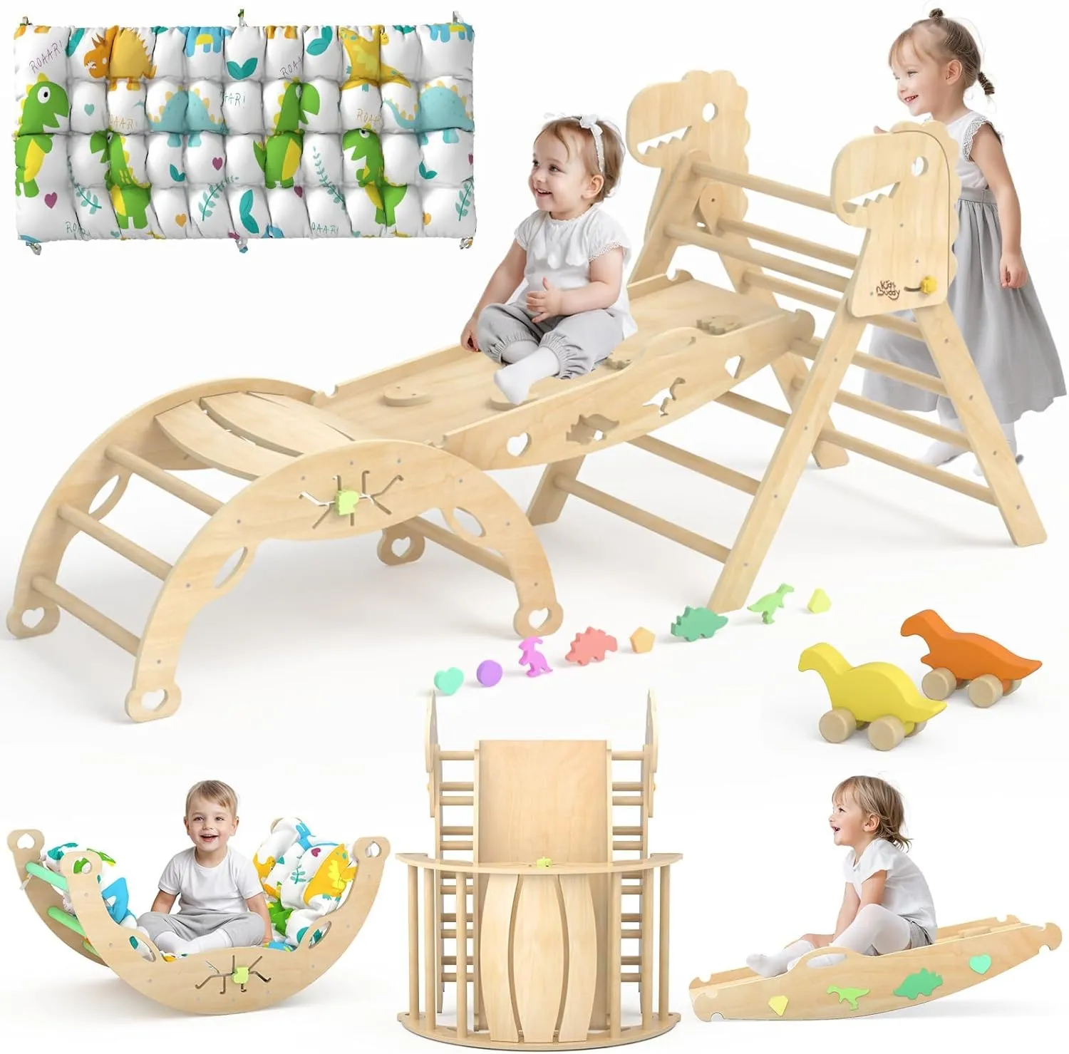 Pikler Triangle Set with Cushion 9 in 1 Climbing Toys for Toddlers 1-7 Indoor Baby Climbing Gym Toddler Montessori Toys Wooden Climbing Toys with Maze Toys, Shape Sorting Toys, Dinosaur Car