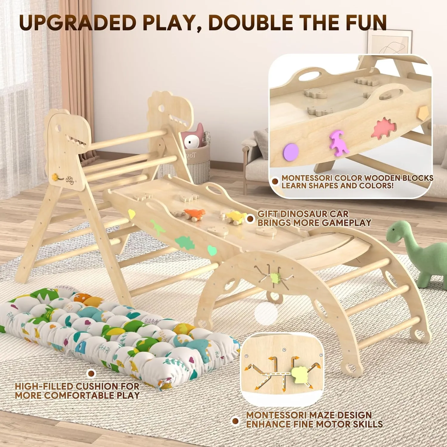 Pikler Triangle Set with Cushion 9 in 1 Climbing Toys for Toddlers 1-7 Indoor Baby Climbing Gym Toddler Montessori Toys Wooden Climbing Toys with Maze Toys, Shape Sorting Toys, Dinosaur Car