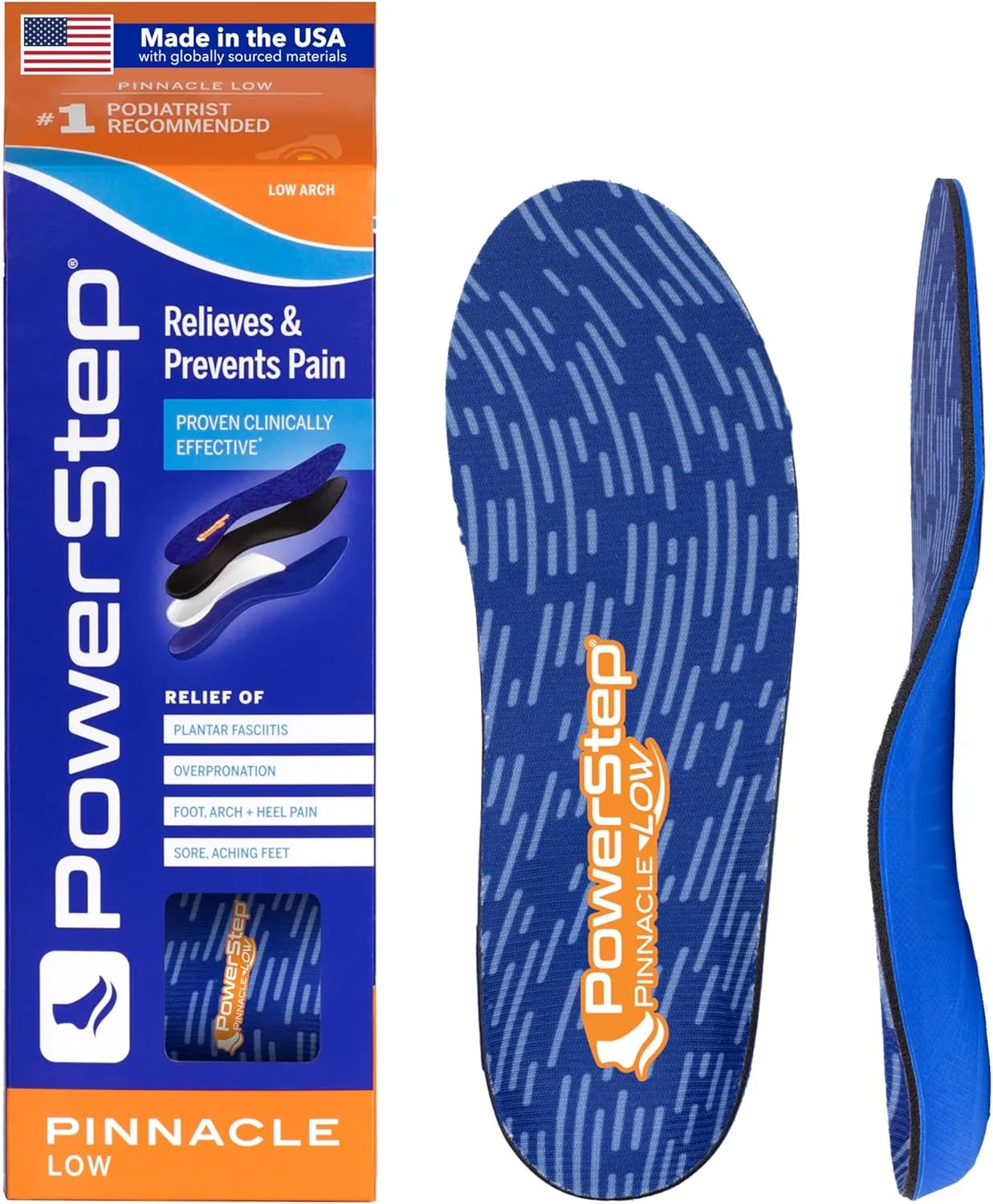 PowerStep Pinnacle Low Insoles, Supports Flat Feet, Plantar Fasciitis Relief, Overpronation, Arch Support, Heel Pain, All Day Comfort for Men and Women, Made in The USA