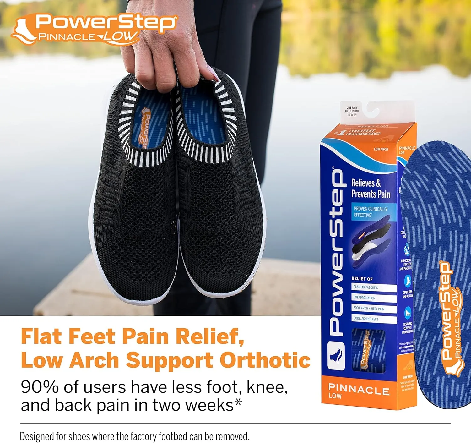 PowerStep Pinnacle Low Insoles, Supports Flat Feet, Plantar Fasciitis Relief, Overpronation, Arch Support, Heel Pain, All Day Comfort for Men and Women, Made in The USA