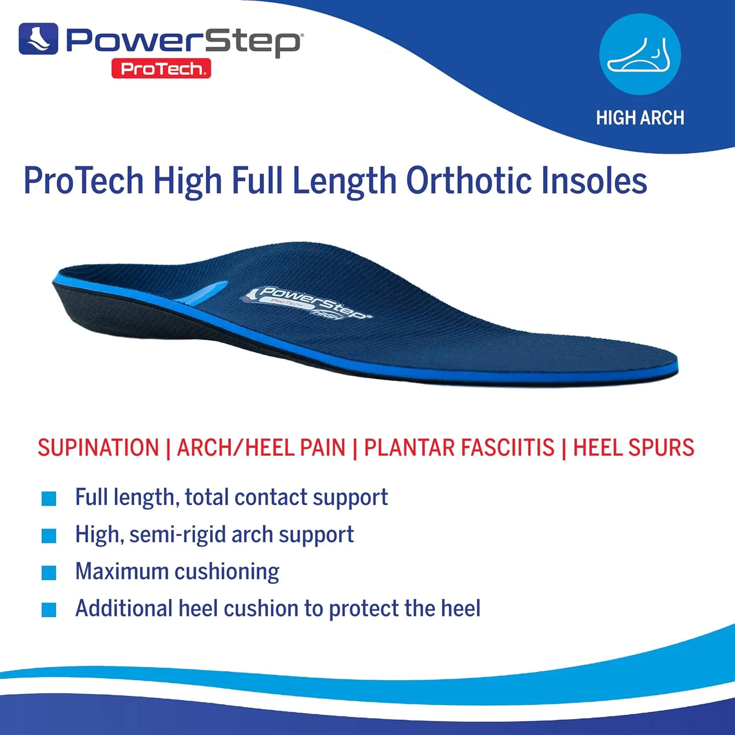 PowerStep ProTech Full Length High Orthotic Insoles - Medical Grade High Arch Support Inserts for Plantar Fasciitis Relief- Made in USA - Maximum Cushioning for Supination (M 6-6.5 W 8-8.5)