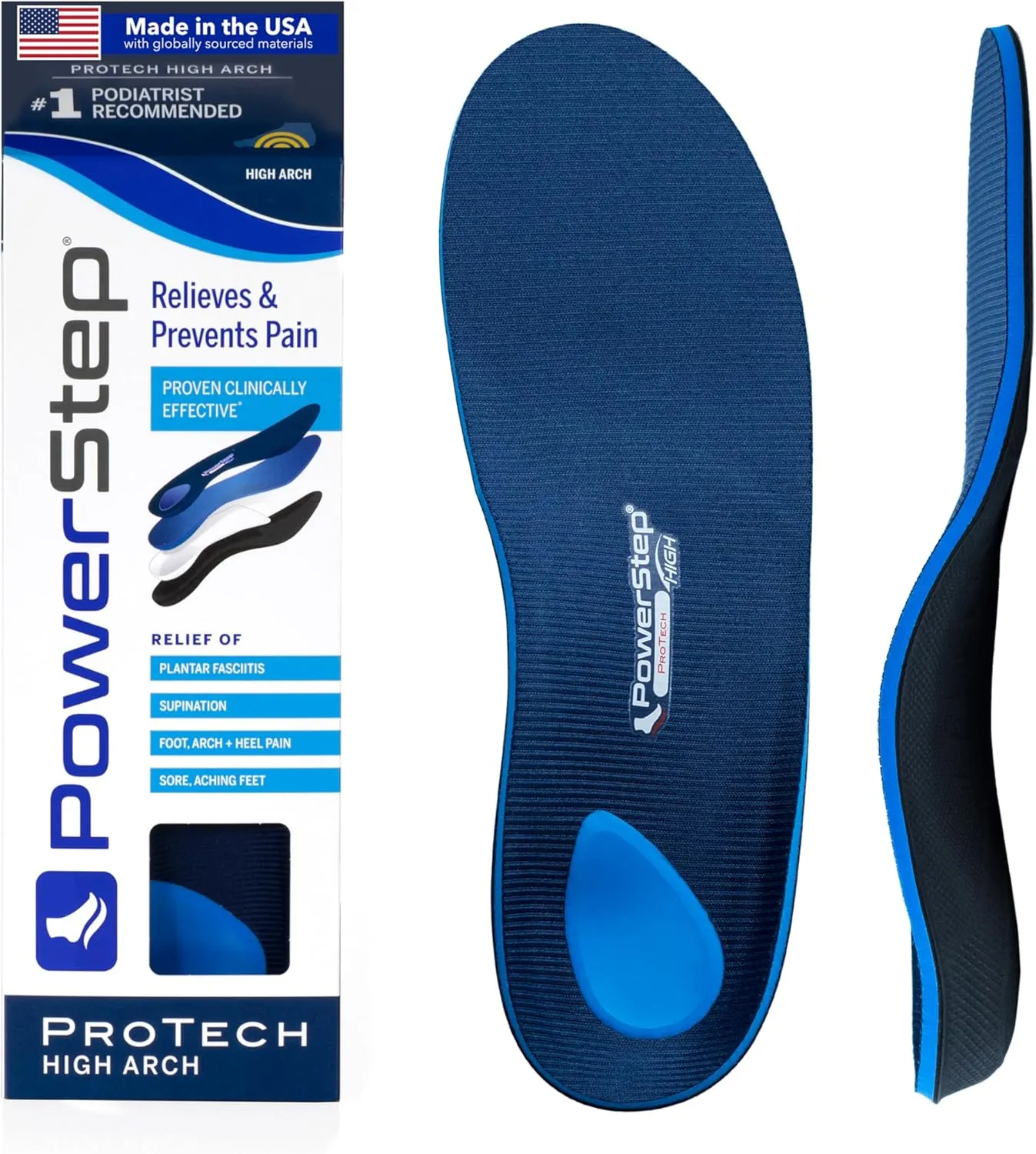 PowerStep ProTech Full Length High Orthotic Insoles - Medical Grade High Arch Support Inserts for Plantar Fasciitis Relief- Made in USA - Maximum Cushioning for Supination (M 6-6.5 W 8-8.5)