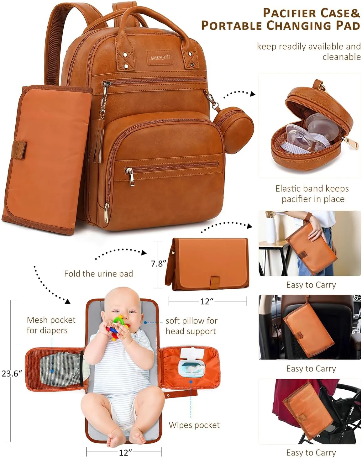 Premium Vegan Leather Diaper Bag Backpack with Waterproof Changing Pad, Reinforced Zippers & Odor-Free, 20 Pockets Pro Organizer, Fits 15.6" Laptop, Stroller Straps, Baby Bag for Mom, Brown