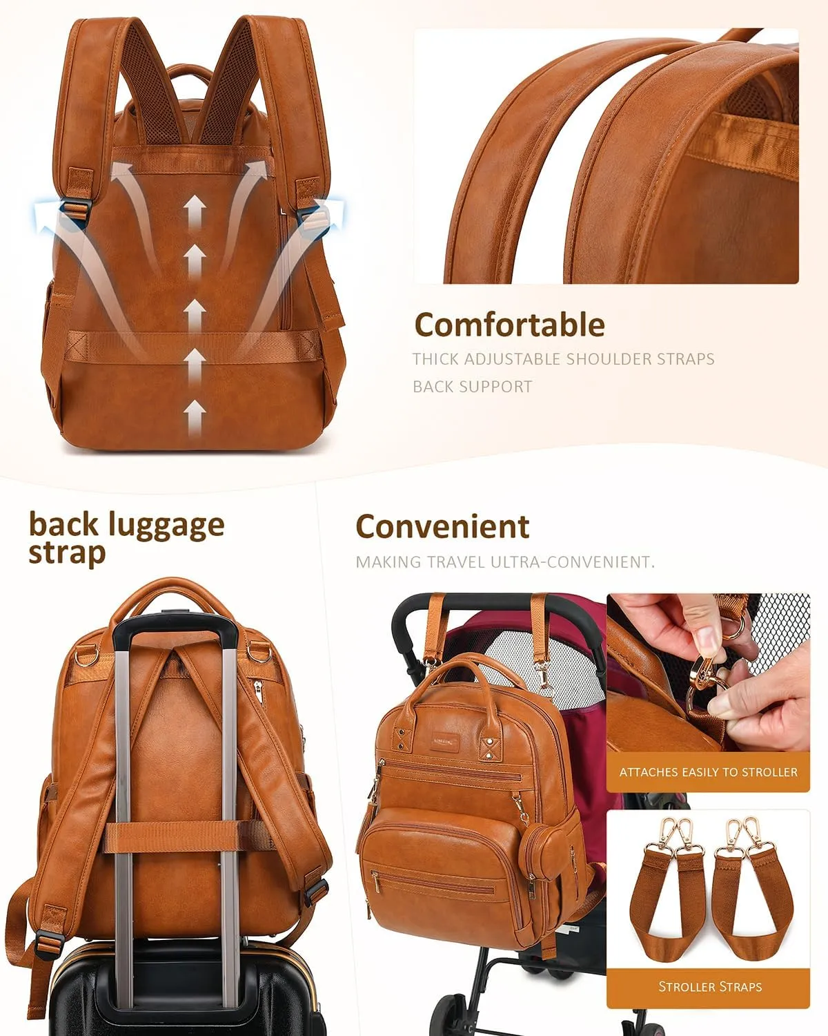 Premium Vegan Leather Diaper Bag Backpack with Waterproof Changing Pad, Reinforced Zippers & Odor-Free, 20 Pockets Pro Organizer, Fits 15.6" Laptop, Stroller Straps, Baby Bag for Mom, Brown