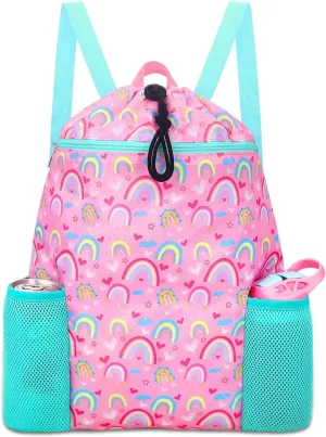 RHCPFOVR Rainbow Drawstring Backpack for Kids - Drawstring Bags for Girls Swim Bag for Beach Swimming Pool Lightweight Draw String Bags Waterproof Sports Gym Bag With Two Water Bottle Holder