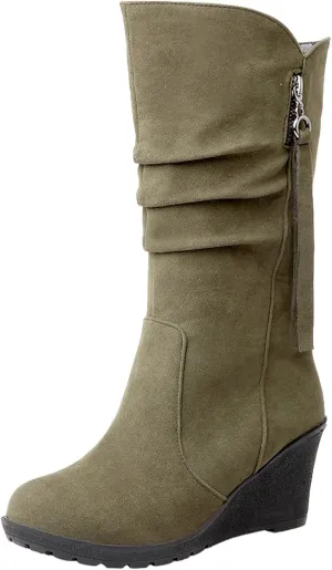 rismart Women Mid Calf Slouch Boot Wedge Heel Thin Fur Lined Suede Leather Winter Shoes