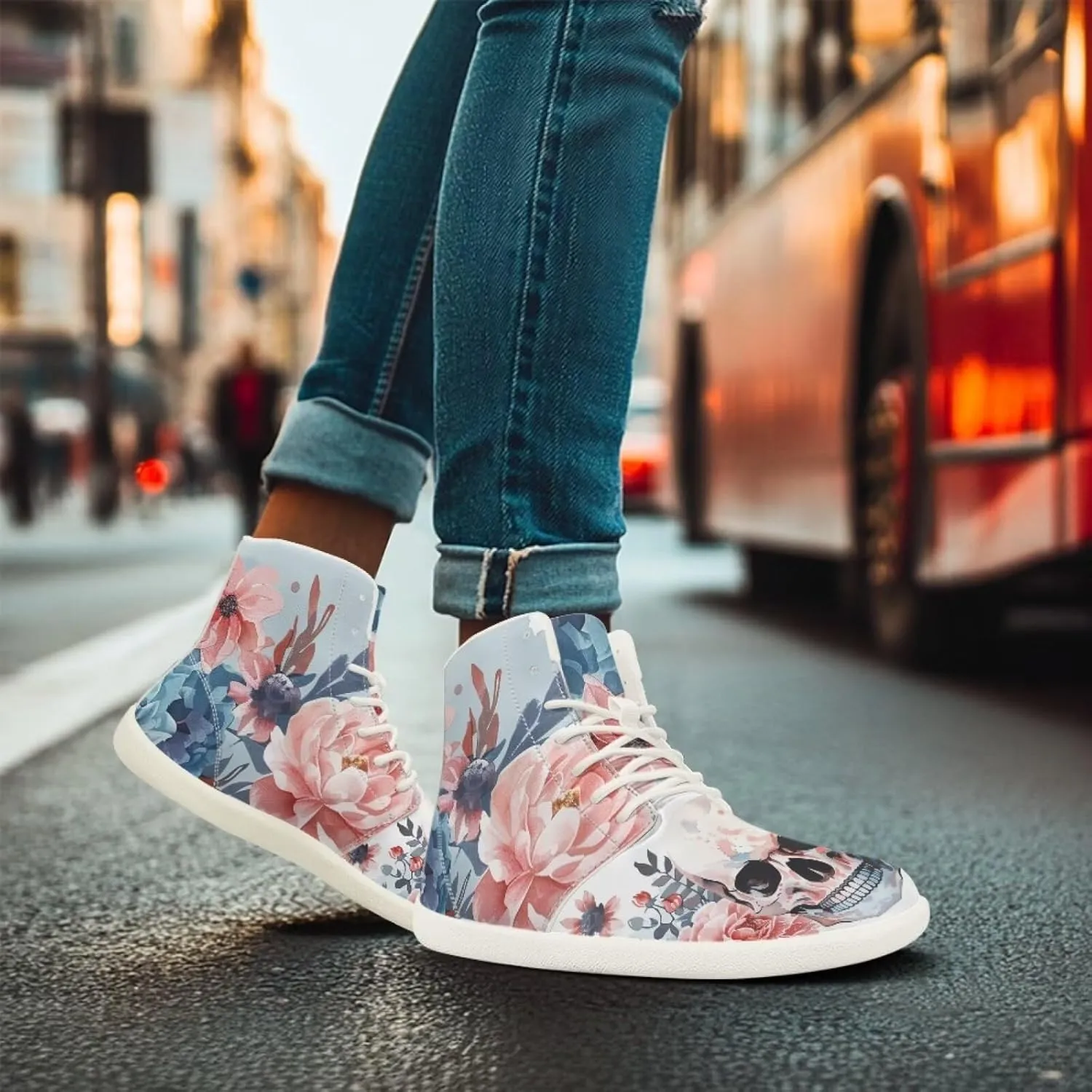 Rose Skull Print Women High Top Barefoot Shoes Wide Toe Sneakers Casual Sports Sneakers Minimalist Zero Drop Ankle Support Shoes